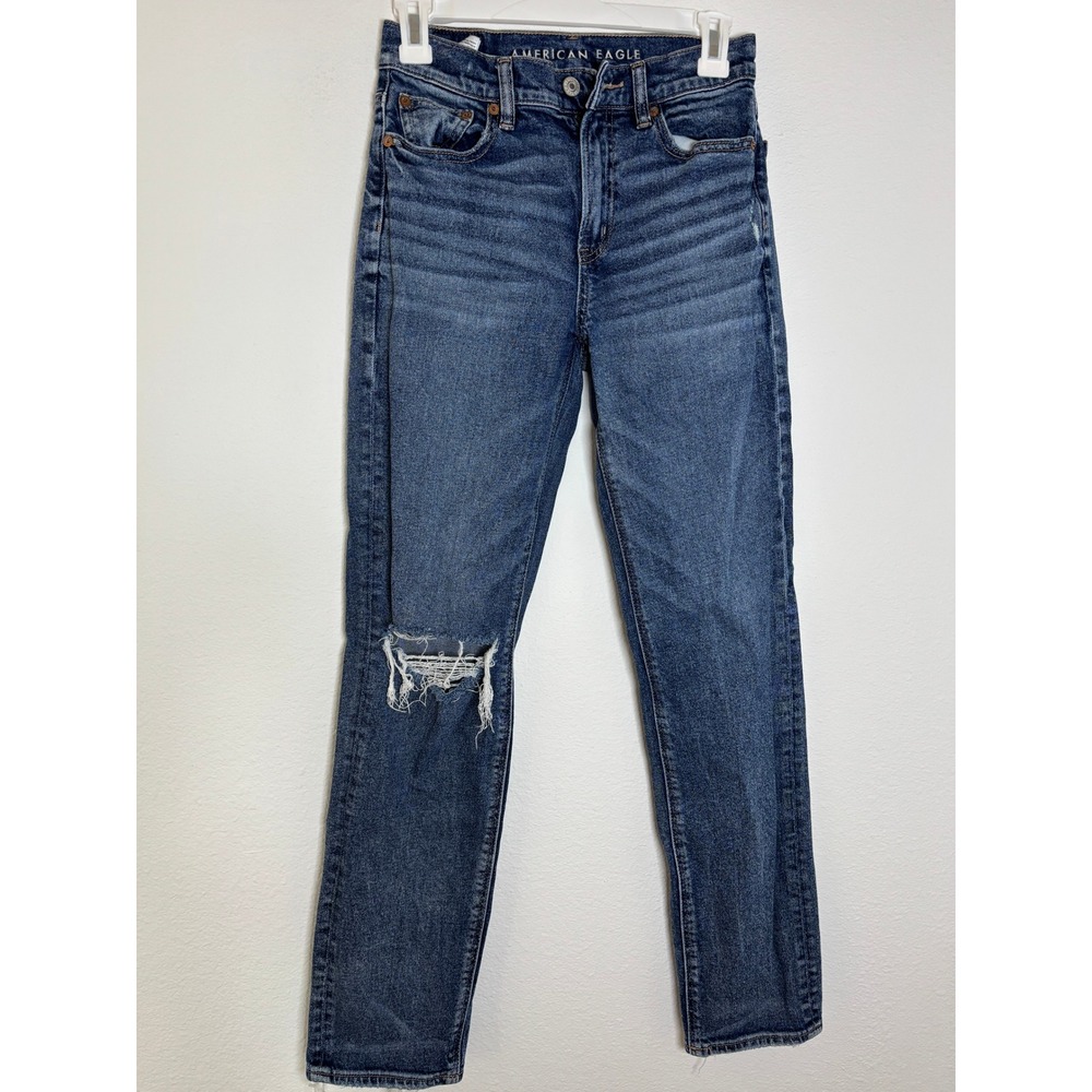 American Eagle Mom Jeans Womens 00 Distressed High Waisted Medium Wash Denim